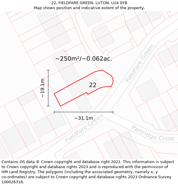 22, FIELDFARE GREEN, LUTON, LU4 0YB: Plot and title map