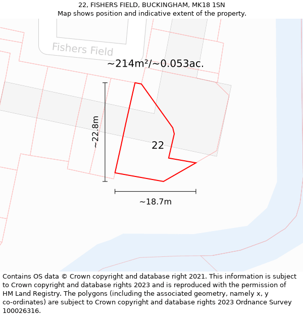 22, FISHERS FIELD, BUCKINGHAM, MK18 1SN: Plot and title map