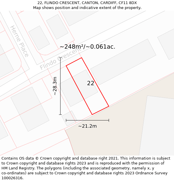 22, FLINDO CRESCENT, CANTON, CARDIFF, CF11 8DX: Plot and title map