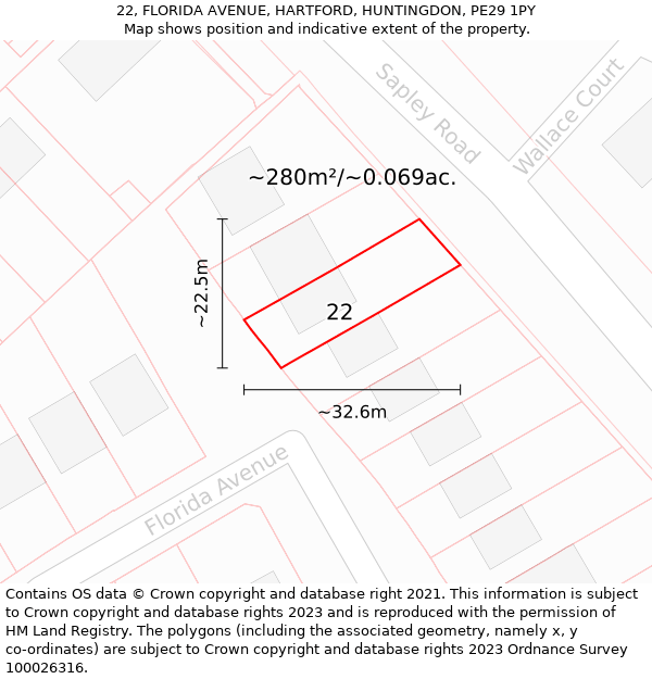 22, FLORIDA AVENUE, HARTFORD, HUNTINGDON, PE29 1PY: Plot and title map