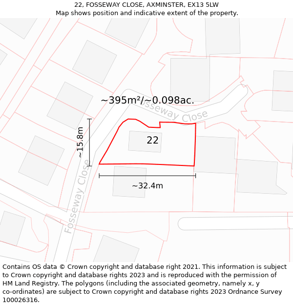 22, FOSSEWAY CLOSE, AXMINSTER, EX13 5LW: Plot and title map
