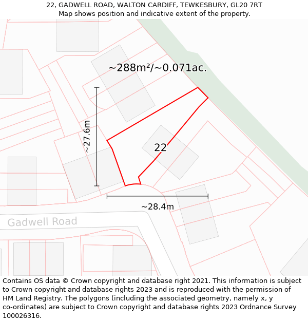 22, GADWELL ROAD, WALTON CARDIFF, TEWKESBURY, GL20 7RT: Plot and title map