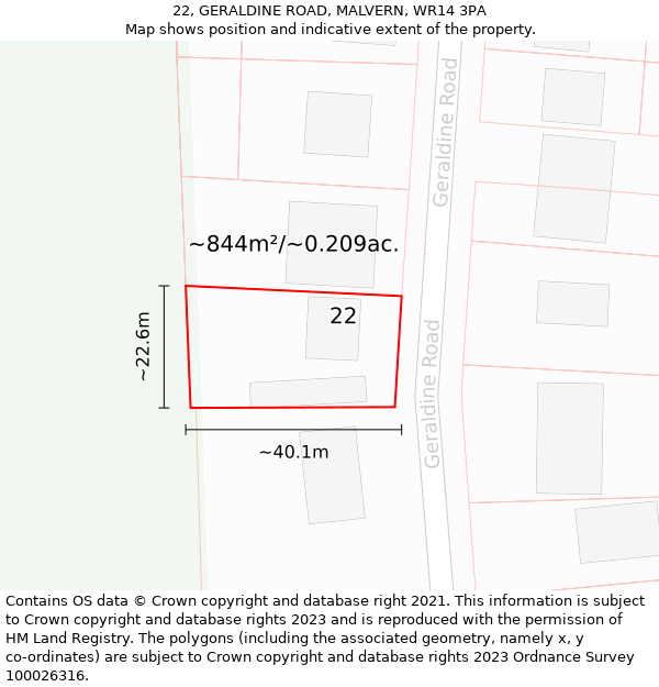 22, GERALDINE ROAD, MALVERN, WR14 3PA: Plot and title map