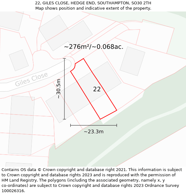 22, GILES CLOSE, HEDGE END, SOUTHAMPTON, SO30 2TH: Plot and title map