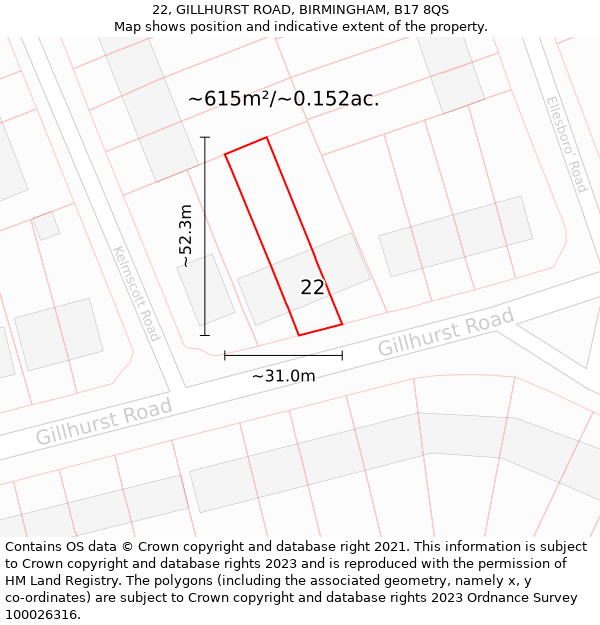 22, GILLHURST ROAD, BIRMINGHAM, B17 8QS: Plot and title map