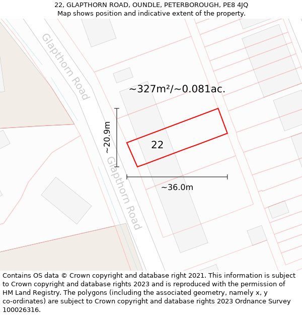 22, GLAPTHORN ROAD, OUNDLE, PETERBOROUGH, PE8 4JQ: Plot and title map
