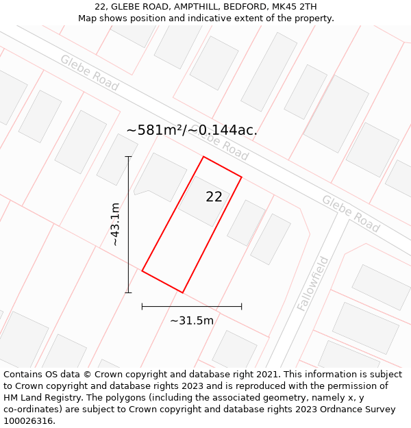 22, GLEBE ROAD, AMPTHILL, BEDFORD, MK45 2TH: Plot and title map