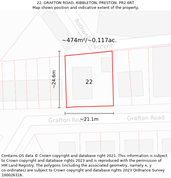 22, GRAFTON ROAD, RIBBLETON, PRESTON, PR2 6RT: Plot and title map