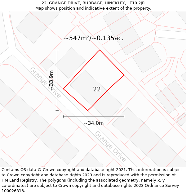 22, GRANGE DRIVE, BURBAGE, HINCKLEY, LE10 2JR: Plot and title map