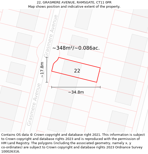 22, GRASMERE AVENUE, RAMSGATE, CT11 0PR: Plot and title map