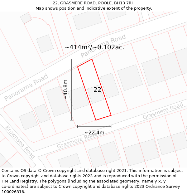 22, GRASMERE ROAD, POOLE, BH13 7RH: Plot and title map