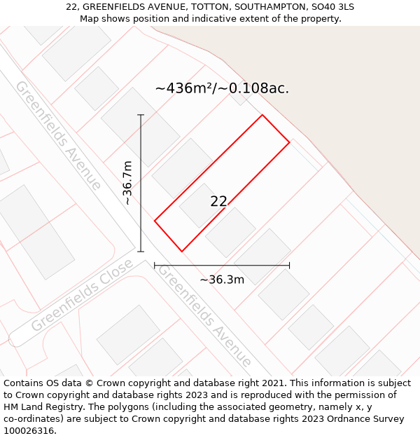 22, GREENFIELDS AVENUE, TOTTON, SOUTHAMPTON, SO40 3LS: Plot and title map