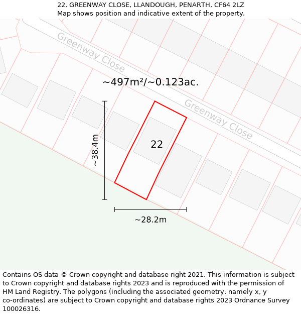 22, GREENWAY CLOSE, LLANDOUGH, PENARTH, CF64 2LZ: Plot and title map