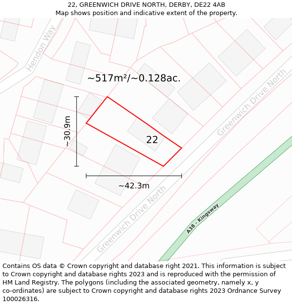 22, GREENWICH DRIVE NORTH, DERBY, DE22 4AB: Plot and title map
