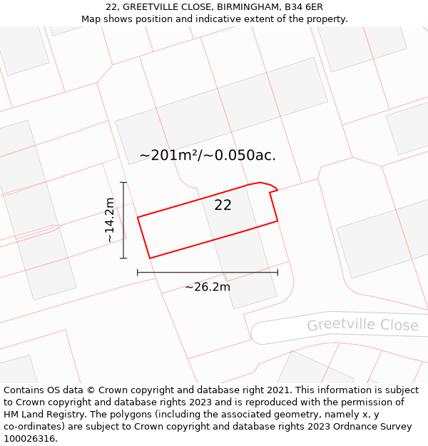 22, GREETVILLE CLOSE, BIRMINGHAM, B34 6ER: Plot and title map