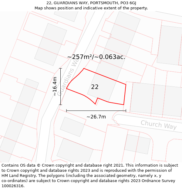 22, GUARDIANS WAY, PORTSMOUTH, PO3 6GJ: Plot and title map