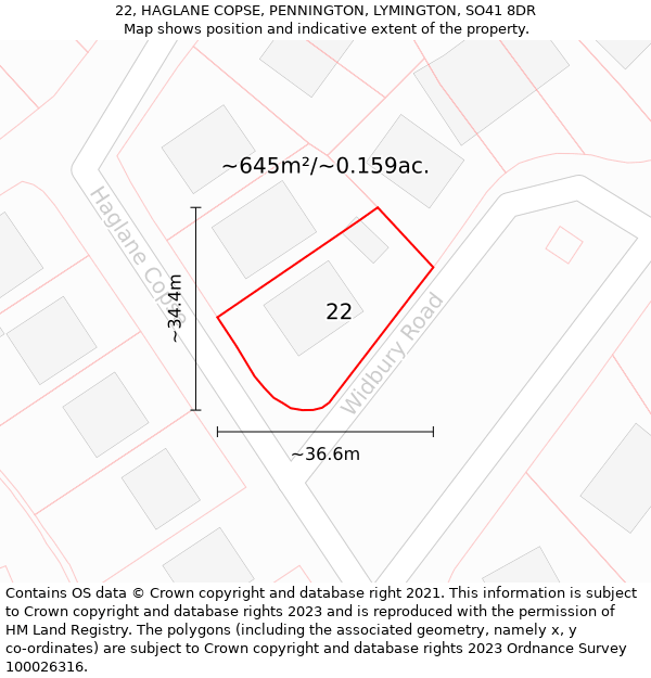 22, HAGLANE COPSE, PENNINGTON, LYMINGTON, SO41 8DR: Plot and title map