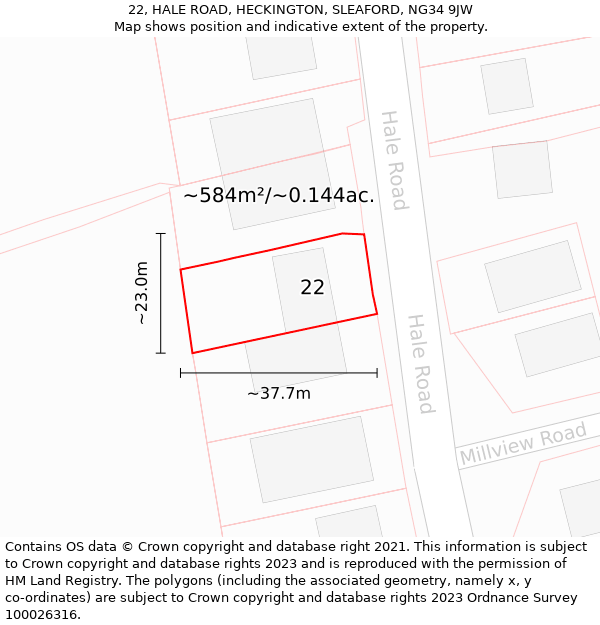 22, HALE ROAD, HECKINGTON, SLEAFORD, NG34 9JW: Plot and title map