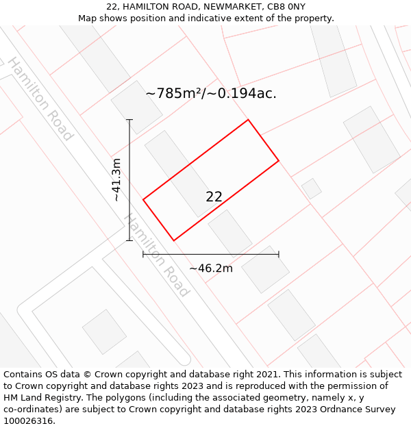 22, HAMILTON ROAD, NEWMARKET, CB8 0NY: Plot and title map