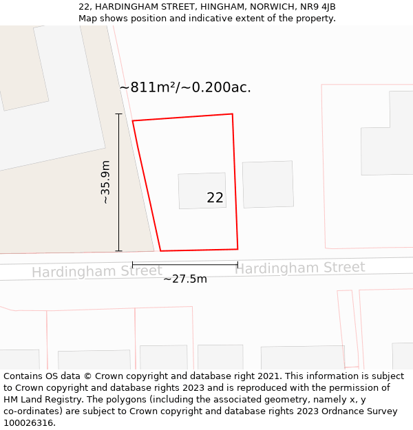 22, HARDINGHAM STREET, HINGHAM, NORWICH, NR9 4JB: Plot and title map