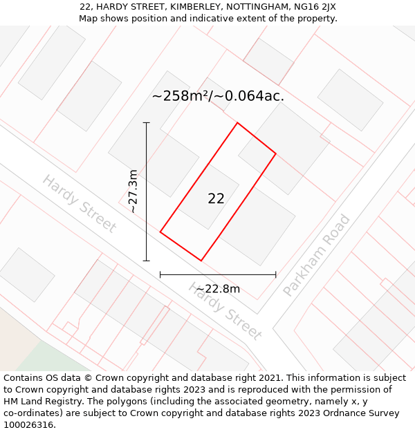 22, HARDY STREET, KIMBERLEY, NOTTINGHAM, NG16 2JX: Plot and title map