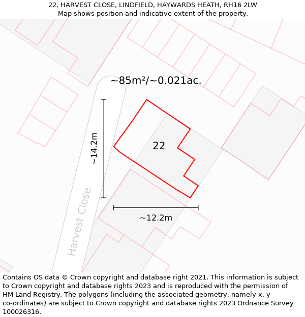 22, HARVEST CLOSE, LINDFIELD, HAYWARDS HEATH, RH16 2LW: Plot and title map