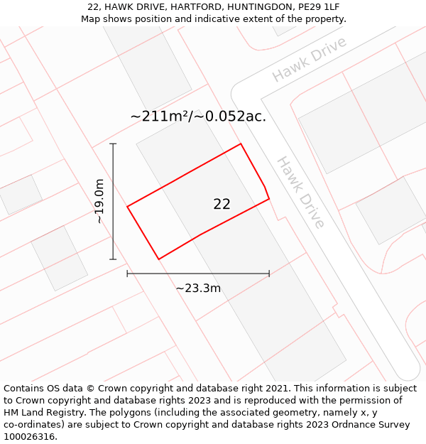 22, HAWK DRIVE, HARTFORD, HUNTINGDON, PE29 1LF: Plot and title map