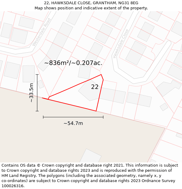 22, HAWKSDALE CLOSE, GRANTHAM, NG31 8EG: Plot and title map