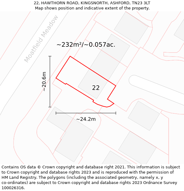 22, HAWTHORN ROAD, KINGSNORTH, ASHFORD, TN23 3LT: Plot and title map