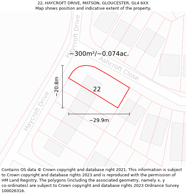 22, HAYCROFT DRIVE, MATSON, GLOUCESTER, GL4 6XX: Plot and title map