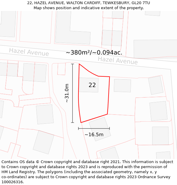 22, HAZEL AVENUE, WALTON CARDIFF, TEWKESBURY, GL20 7TU: Plot and title map