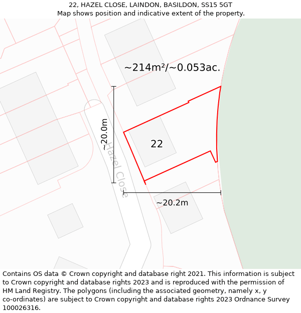 22, HAZEL CLOSE, LAINDON, BASILDON, SS15 5GT: Plot and title map