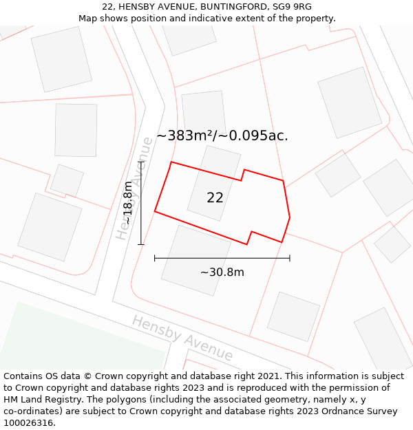 22, HENSBY AVENUE, BUNTINGFORD, SG9 9RG: Plot and title map