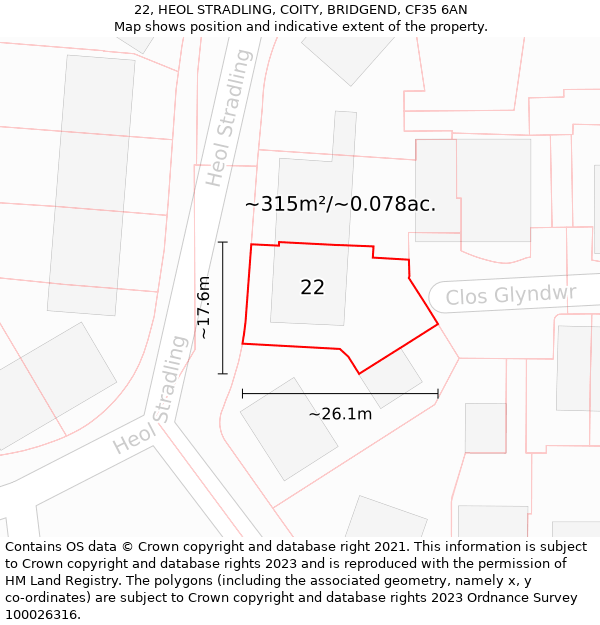 22, HEOL STRADLING, COITY, BRIDGEND, CF35 6AN: Plot and title map