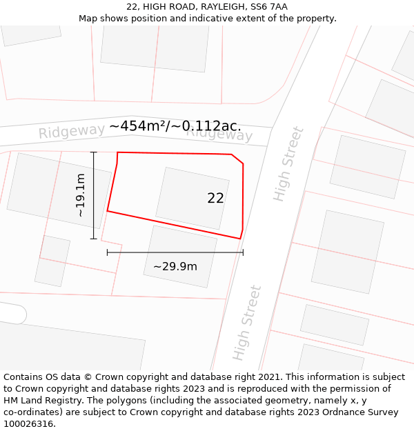 22, HIGH ROAD, RAYLEIGH, SS6 7AA: Plot and title map
