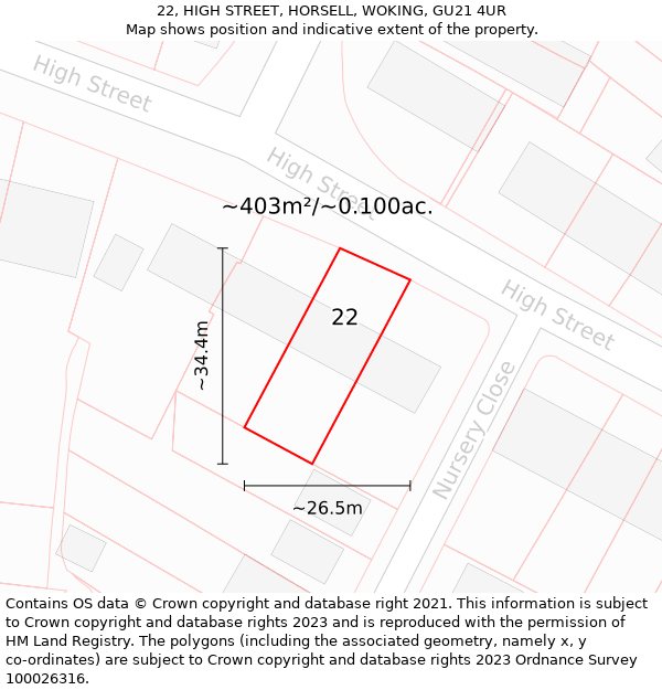 22, HIGH STREET, HORSELL, WOKING, GU21 4UR: Plot and title map