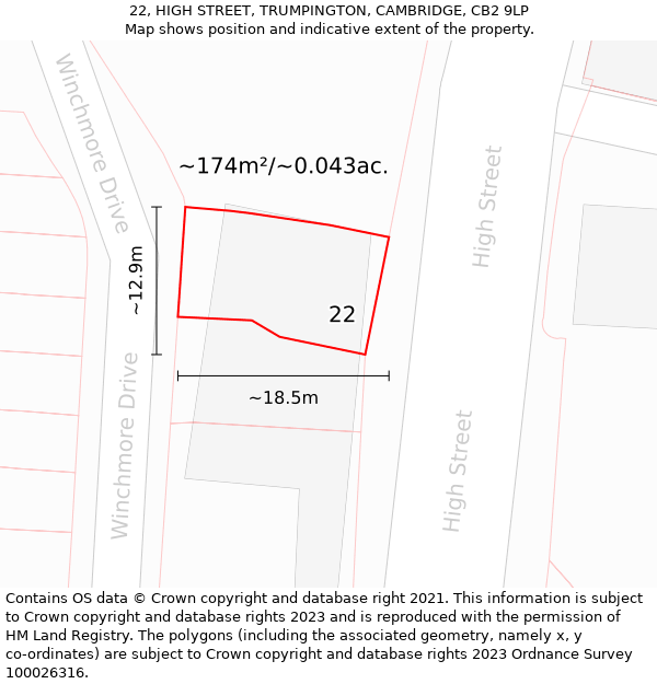 22, HIGH STREET, TRUMPINGTON, CAMBRIDGE, CB2 9LP: Plot and title map