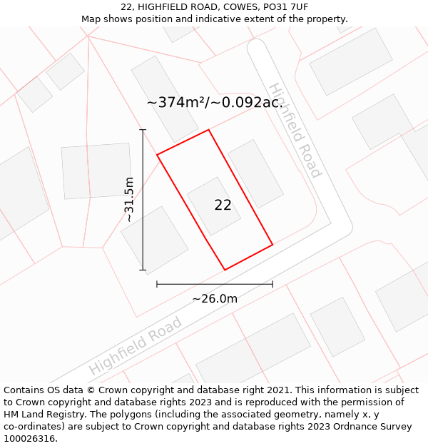 22, HIGHFIELD ROAD, COWES, PO31 7UF: Plot and title map