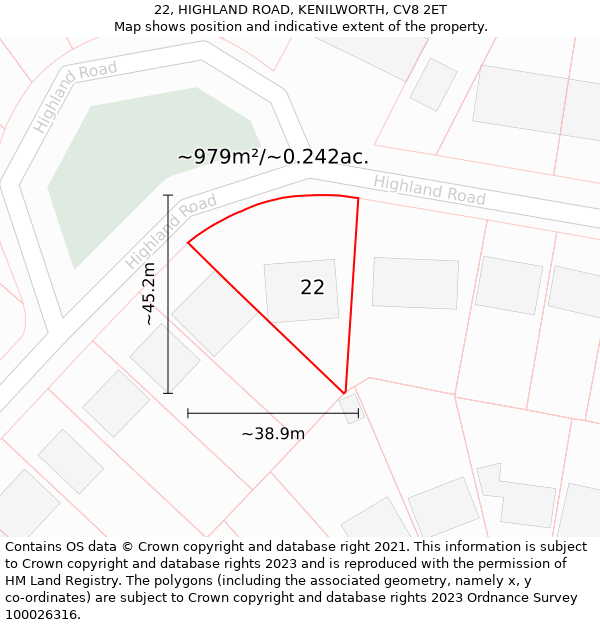 22, HIGHLAND ROAD, KENILWORTH, CV8 2ET: Plot and title map