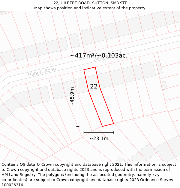 22, HILBERT ROAD, SUTTON, SM3 9TF: Plot and title map