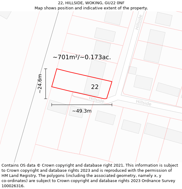 22, HILLSIDE, WOKING, GU22 0NF: Plot and title map