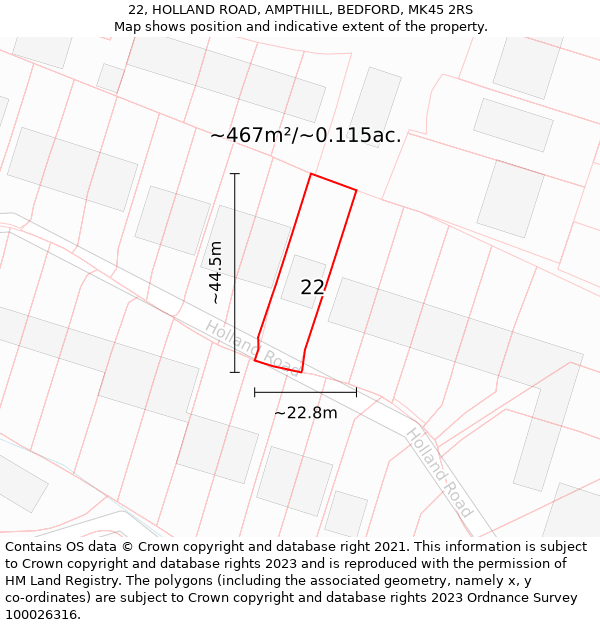 22, HOLLAND ROAD, AMPTHILL, BEDFORD, MK45 2RS: Plot and title map