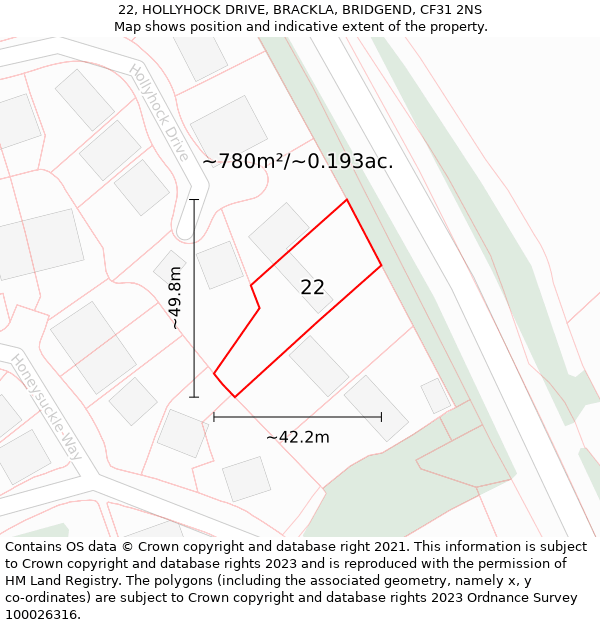 22, HOLLYHOCK DRIVE, BRACKLA, BRIDGEND, CF31 2NS: Plot and title map