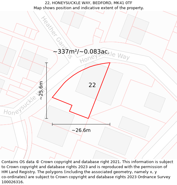 22, HONEYSUCKLE WAY, BEDFORD, MK41 0TF: Plot and title map