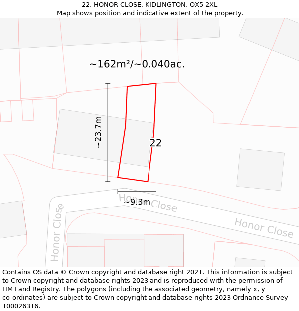 22, HONOR CLOSE, KIDLINGTON, OX5 2XL: Plot and title map