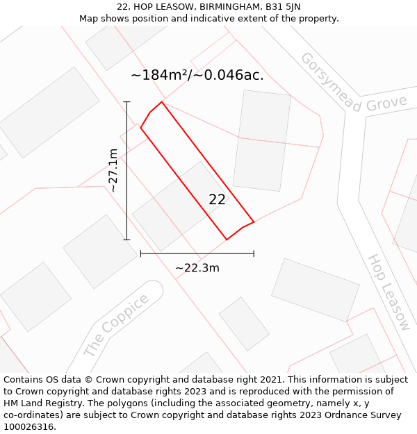 22, HOP LEASOW, BIRMINGHAM, B31 5JN: Plot and title map