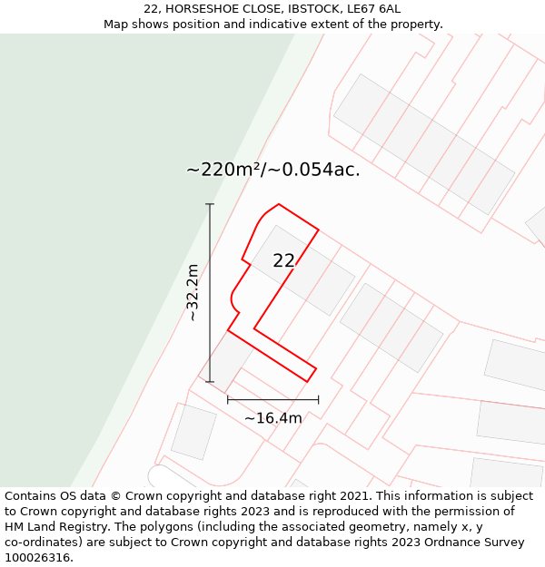 22, HORSESHOE CLOSE, IBSTOCK, LE67 6AL: Plot and title map