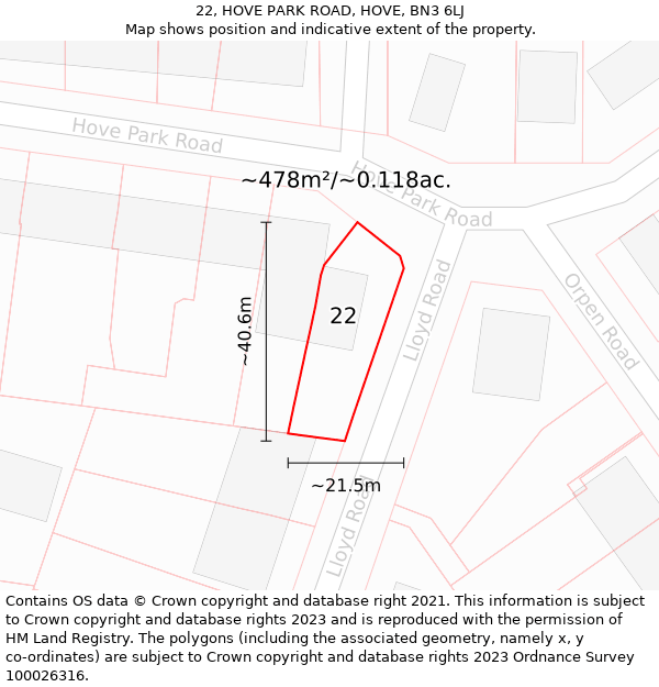 22, HOVE PARK ROAD, HOVE, BN3 6LJ: Plot and title map