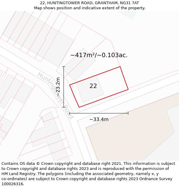 22, HUNTINGTOWER ROAD, GRANTHAM, NG31 7AT: Plot and title map