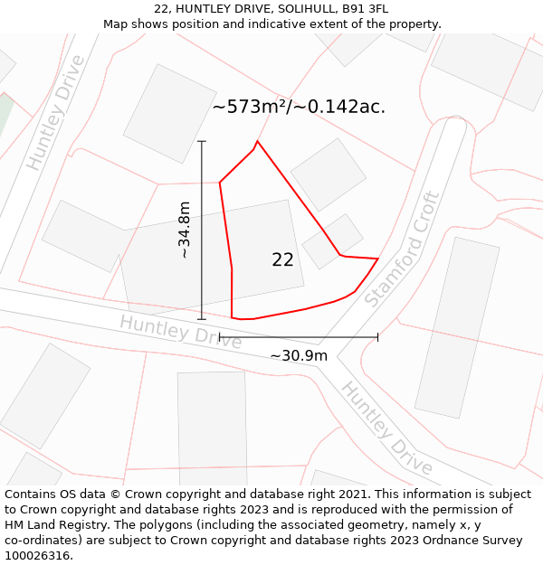 22, HUNTLEY DRIVE, SOLIHULL, B91 3FL: Plot and title map